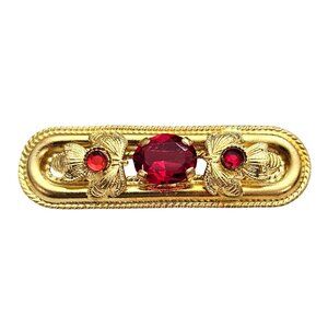 Red Rhinestone Czech Gold Tone Oval Bar Brooch Pin J407